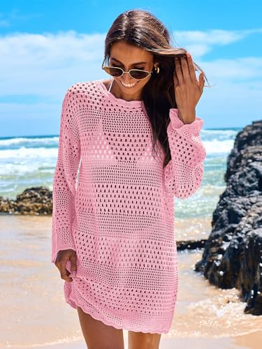 Image of ANRABESS Women Swimsuit Crochet Swim Cover Up 2026 Summer Bathing Suit Swimwear Mesh Knit Beach Dress Vacation Outfits