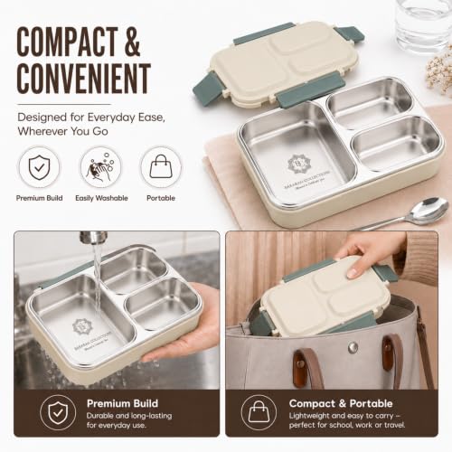 Image of Stainless Steel Lunch Box for Kids, 304 Grade Steel 3 Compartment Leakproof Tiffin Box for Boys & Girls, School Lunch Box, Travel Food Container & Snack Box, Green