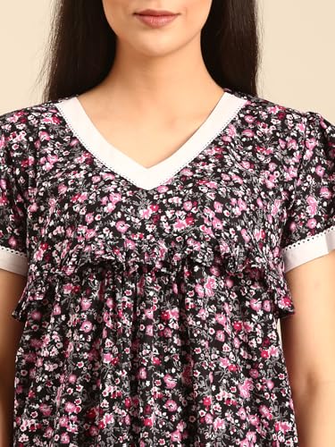 Image of Rupa Jon Aishwarya Women Short Printed Nighty in Premium Cotton Blend Fabric, Midi Length, Night Dress, Three-Fourth Length for Comfortable Everyday Wear