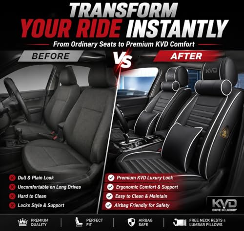 Image of KVD AUTOZONE Heavy Nappa Leather Luxury Car Seat Cover Compatible with Honda Brv Black + Silver Free Pillows and Neck Rest Set (5 Year Warranty) - Dz015 /7