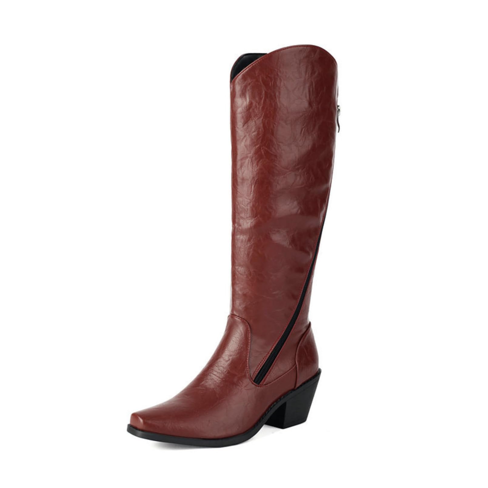 Mujer Botas Altas Punta Cuadrada Cremallera Tacones Anchos Botas Largas Elásticas Botas De Montar Invierno Calientes Simples Botas Cuero Impermeables Pantorrilla Ancha