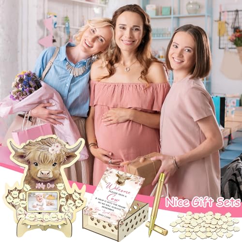 Image of Wenqik 63 Pcs Highland Cow Baby Shower Guest Book Alternatives Set Baby Shower Decorations with Photo Frame Sonogram Frame Keepsake 60 Wood Slices Guest Book for Birthday