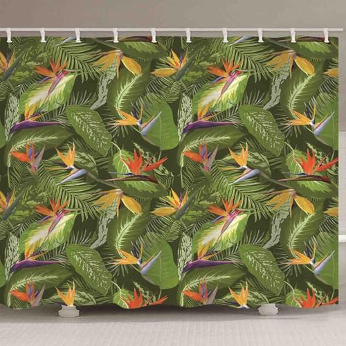 Rideau douche extra long 220x180 cm en tissu imperméable vert imprimé feuilles - 3