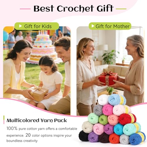 Image of Katech Mini 1OO% Cotton Yarn for Crocheting-20*25g /89yd, 2 Sport Baby Yarns | Super Soft-Multicolor Yarn Set for Knitting Baby Clothes, Rainbow Afghan, Small Projects-Starter Kit for Beginner & Crocheter