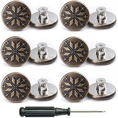 12 PCS Replacement Jean Button No Sew Screw Buttons, 20mm Removable Adjustable Metal Button Repair Sewing Kit with Screwdrivers, Pants Waist Tightener for Men, Women (Snowflake) Cover