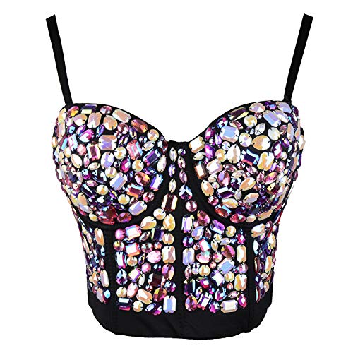 ELLACCI Women's Sexy Rhinestone Bustier Crop Top Club Party Glitter Corset Top Bra Black Multicolor Medium - Image 3