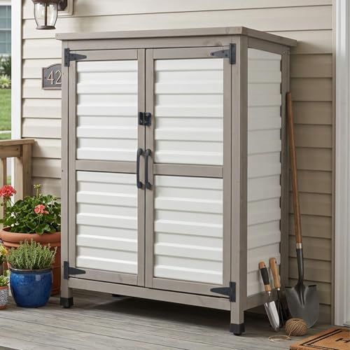 Image of PetsCosset Weatherproof Outdoor Storage Cabinet with Lockable Doors, Wooden & Plastic Garden Patio Storage Box with Adjustable Shelves for Tools, Toys, Pool Accessories, Lawn Equipment