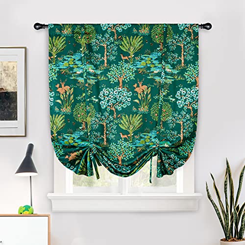 Driftaway Clara Woodland Forest Animals Printed Pattern Watercolor Textured Room Darkening Tie Up Adjustable Balloon Rod Pocket Curtain For Small Window 45 Inch By 63 Inch Emerald Green #TOP25