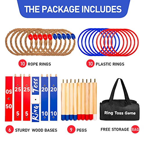 Everich Toy Indoor Outdoor Toys Games Upgraded Large Wooden Ring Toss Game Yard Games For Kids, Lawn Outdoor Games For Family With 10 Plastic Ring And 10 Ropes,1 Carry Bag #TOP2