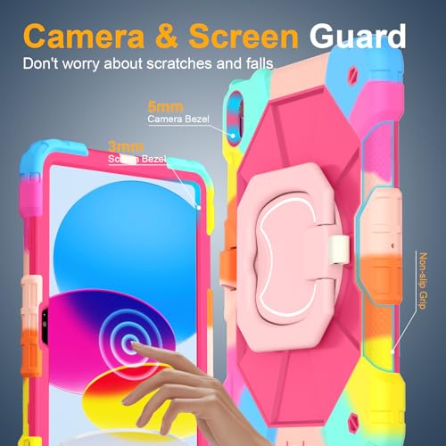 Image of Case for iPad (A16) 11th Generation 11 Inch 2025, Ubearkk for iPad 10th Generation 10.9 inch 2022 case with Screen Protector 360 Degree Rotating Stand Shoulder Strap Pencil Holder, Colorful Pink