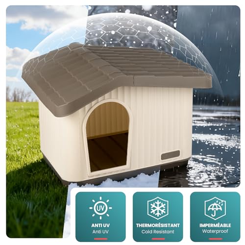 VOUNOT® Katzenhaus & Hundehütte Indoor Outdoor, Winterfest und Wetterfest, schräges Dach, mit Belüftung und rutschfesten Füßen, Haustierhaus für Katze, Hund und Kaninchen, 60 x 51 x 41 cm, Beige
