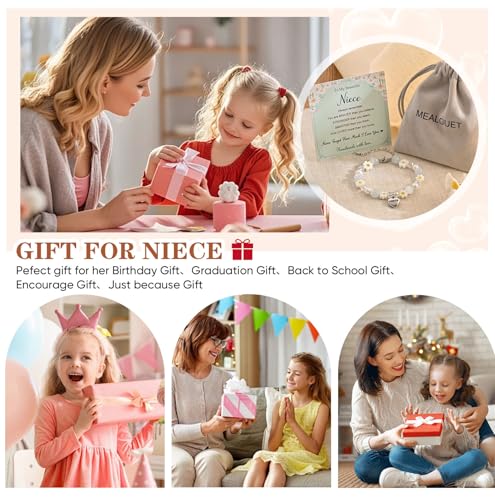 Image of MEALGUET To Niece Bracelet Gifts for Girls : Cute Daisy Flower Natural Cat Eye Stone Beaded Heart Charm Bracelets Jewelry Birthday Back to School Gift to Nieces from Aunt Auntie Uncle