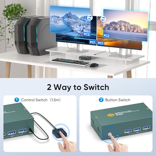 Image of Dual Monitors HDMI KVM Switch 2 Computers 2 Monitors USB3.0 4K@60HZ 2 Port KVM Switcher for 2 PC /Laptop Share 2 Screen,Remote Control,EDID Supported