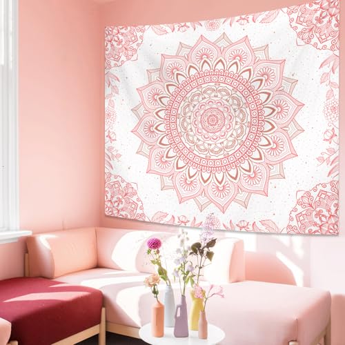 Apdidl Pink Boho Wall Tapestry for Bedroom, Mandala Hippie Cute Floral Tapestries Teen Girl Room Decor, Bohemian Pink and White Poster Wall Hanging Art Aesthetic for Living Room Dorm 51"X60"