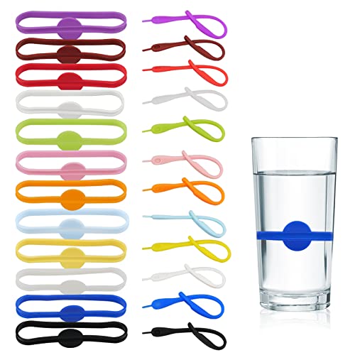 Hocadrv 24 Pièces Marque-Verres Silicone, Réutilisable Marqueurs Verre, Marqueurs de Charme de Boisson Colorés pour Coupe en Verre Bouteilles à Cocktail au Champagne Faveur de Fête de Mariage Cover