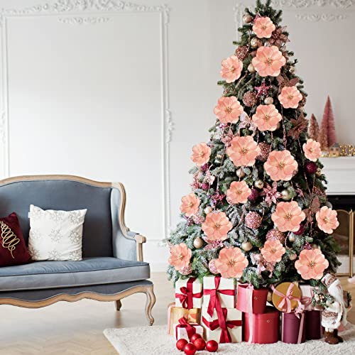 Chunyin 24 Pcs 3 Sizes Christmas Glitter Artificial Poinsettia Flowers With Clips Xmas Magnolia Decorations Tree Ornaments For Wedding Party Wreath Decors (Rose Gold) #TOP3