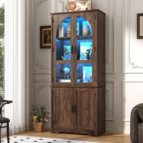 Image of chartustriable 75 inch Tall Farmhouse Kitchen Pantry Cabinet with LED Lights,Wood Storage Cabinet w Arched Glass Doors,Pantry Organizers and Storage,Rustic Wood Cupboard for Kitchen,Dining Room(Brown)