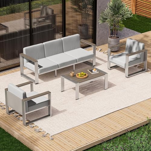 Image of Outdoor Patio Furniture Set, 5 Seats Aluminum Patio Conversation Sets with Ergonomic Seat and Wide Washable Thick Cushions, Modern Outdoor Sectional Furniture for Balcony, Porch