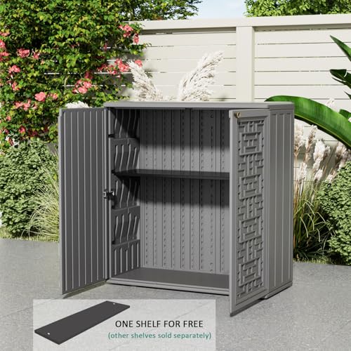 Image of KINYING Outdoor Storage Cabinet Waterproof, Resin 62 Gallon Deck Box for Patio Furniture Cushions, Garden Tools, Pool Tools and Kids' Toys (Grey with 1 Shelving)