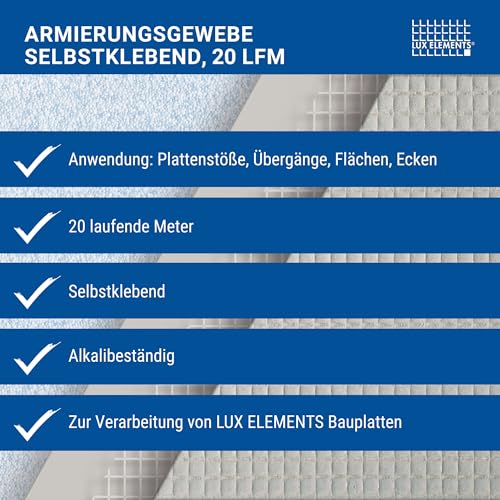 LUX ELEMENTS Selbstklebendes Armierungsgewebe innen ARM-100 SK LARMZ1007 I 100mm (20 lfm) I Glasfasergewebe zum Armieren von Stößen I Alkalibeständig I Weiß