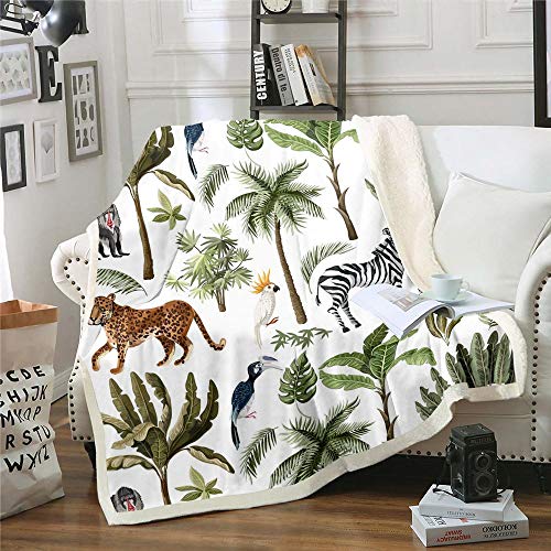 Kids Leopard Fleece Blanket Zebra Toucan Blanket Throw African Safari Animals Sherpa Blanket Tropical Palm Tree Leaf Jungle Wildlife Natural Fuzzy Blanket Bedroom Sofa Decor Throw 50"X60" Fresh Green #TOP28