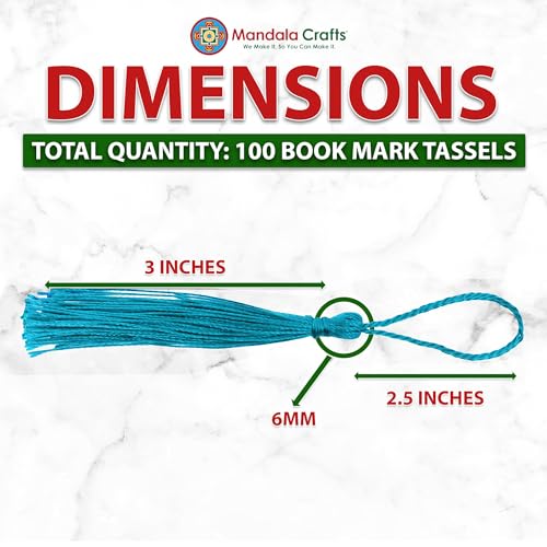 Image of Mandala Crafts Small Teal Bookmark Tassels - 100 Bulk Silky Mini Craft Tassels with Loops for Bookmarks, Jewelry Making, Graduation Decorations, and Keychains