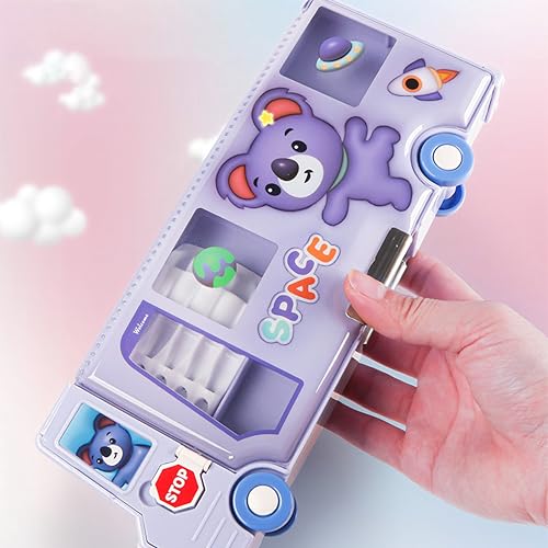 Image of School Bus Pencil Case, Cartoon Pen Box with Sharpener, Large Capacity Stationery Organizer, Best Birthday Gifts for Kids Teens School Supplies(Purple)