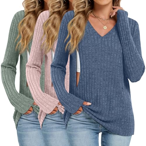 Image of Oakgarden 3 Pack Women's Maternity Nursing Tops, V Neck Breastfeeding Sweaters Long Sleeve Hidden Zipper Shirts