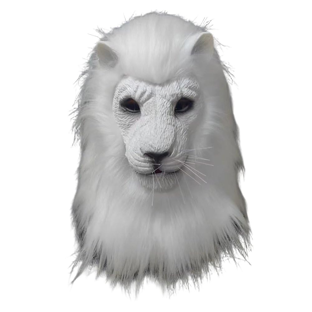 Ericetion Full Head White Lion Mask,Realistic Furry Lion Head Mask,Halloween Animal Costume for Role-Play Party Fursuit Animal Headgear Stuff