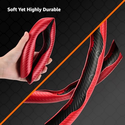 Image of amazon basics Car Steering Wheel Grip | Red | Carbon Fiber | Non Slip | Sweatproof and Anti-skidding