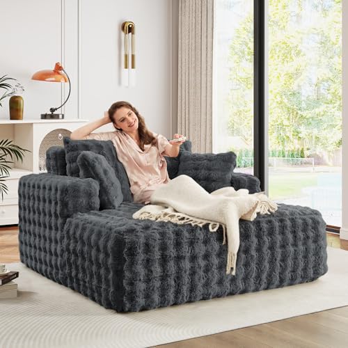 Image of JEEOHEY 56 inch W Oversized Chaise Lounge Chair Indoor,Plush Faux Fur Sleeper Couch Sofa Bed with Pillows,Fluffy Comfy Cloud Sofa,Compression Foam Boneless Couch for Living Room,Bedroom(Bubble, Grey)