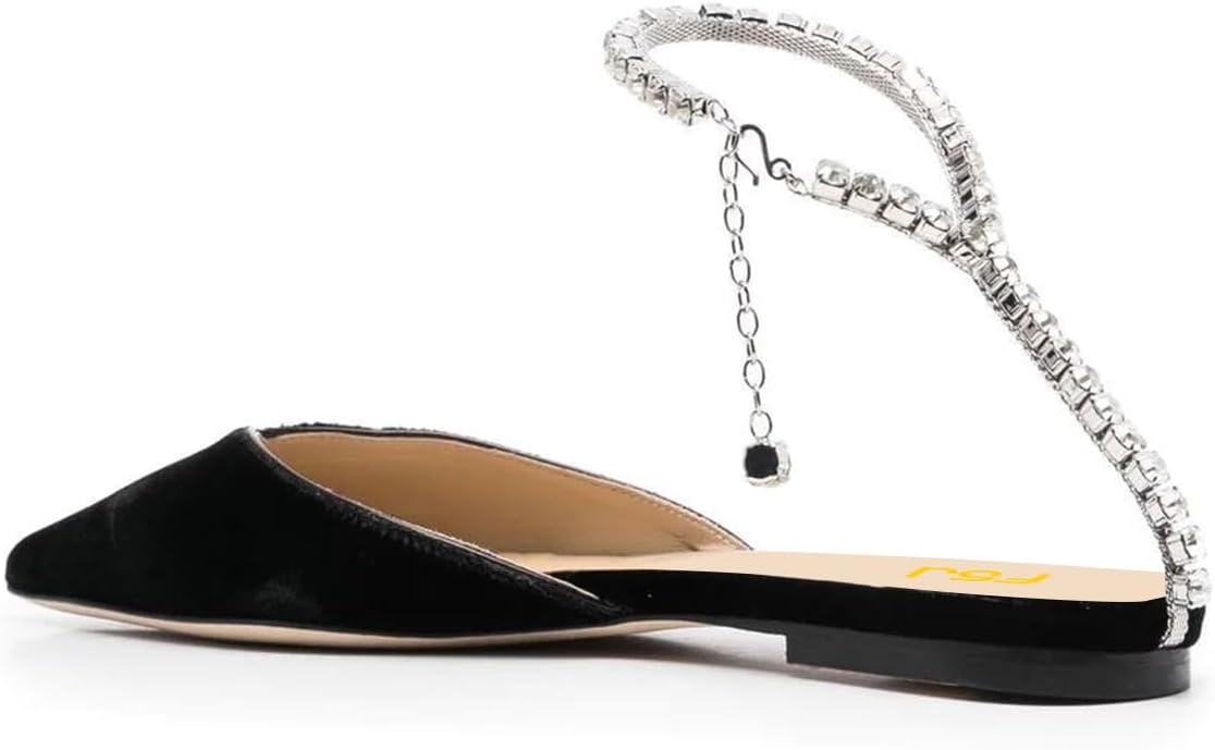 FSJ Women Pointed Toe D'Orsay Ballet Flats Rhinestone Crystal Chain Ankle Strap Low Heels Comfortable Wedding Work Casual Dress Shoes Size 4-16 US