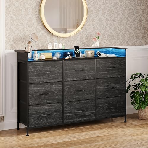 Image of EXOTICA Black Dresser with Charging Station 9 Drawers Dresser with LED Light and USB Ports Fabric Dressers for Bedroom Hallway Entryway Closets Sturdy Steel Frame Wood Top