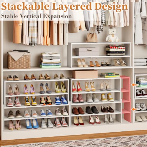 Image of X-cosrack White Stackable Shoe Rack for Closet, Expandable 31.6-39.4 Inches 2-Tier Wooden & Metal Shoe Storage Shelf, Free Standing Shoe Rack for Entryway Bedroom Small Space