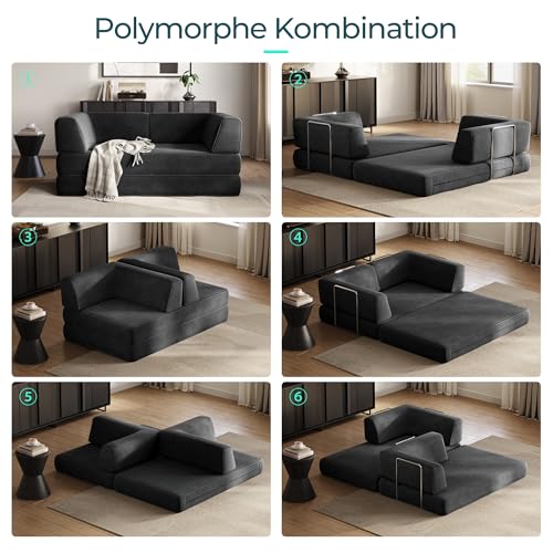 LINSY HOME Schlafsofa - Bodensofa Bed mit Pillow Back Support Armrest - Schlafsofa Klappbar 160 cm Breit- Compressed Sofa in Box - Cord Stoff für Wohnzimmer Schlafzimmer - Schwarz