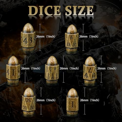 Bullet Dice,HNCCESG DND Dice of Dungeons and Dragons Dice,Metal Dice Set Polyhedral for Crime Theme Role Playing Game (Bronze) - Image 3