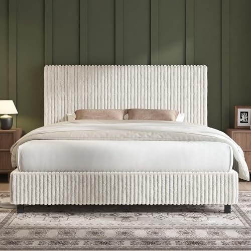 Image of AMERLIFE Upholstered Bed Frame, Metal Bed with Headboard, Queen Cream