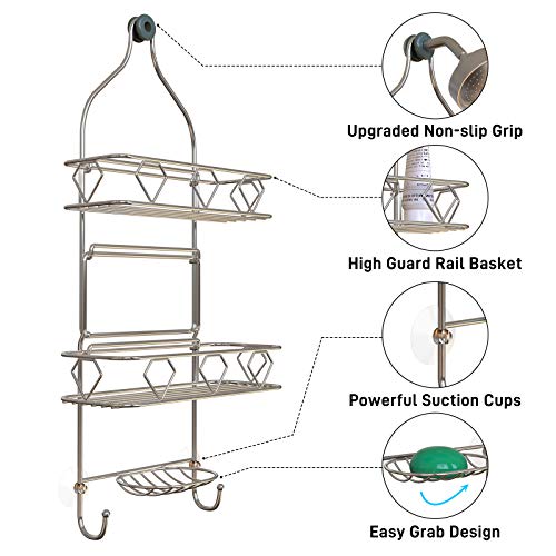 Geekdigg 3 Tier Hanging Shower Caddy, Shower Caddy Basket Over Shower Head With Suction Cups, Hooks, Bathroom Caddies, Rustproof Stainless Steel, Silver #TOP4
