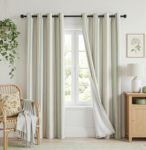 Image of MYSKY HOME Green Striped Curtains 96 Inches Long for Living Room 100% Blackout Linen Farmhouse Green Ticking Stripe Pinstripe Patterned Double Layer Drapes, Grommet, 2 Panels, 52 inch Wide