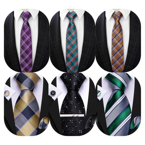 Image of Barry.Wang Men 6PCS Tie Silk Gift Necktie Clip Woven Tie Sets Party | Men Tie Classic Silk Gift Necktie With Tie Clip Jacquard Woven Neck Ties 6PCS Formal Wedding