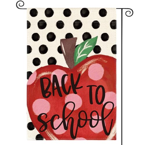 AVOIN colorlife Back to School Garden Flag 12x18 Inch Double Sided, Polka Dots Apple First Day of School Appreciation Small Yard Outdoor Decoration