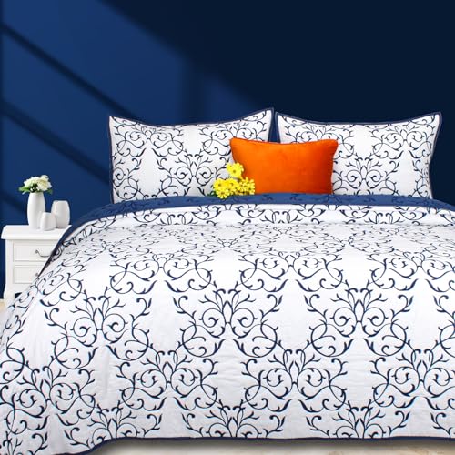 Querencia 100% Cotton Blue Quilt Set - Reversiable - Bedspread Queen Size Coverlet Bed Spread, Blue White Comforter, Farmhouse Cottage Floral Sabby Chic Bedding, All Seasons 3 Piece (Full/Queen)