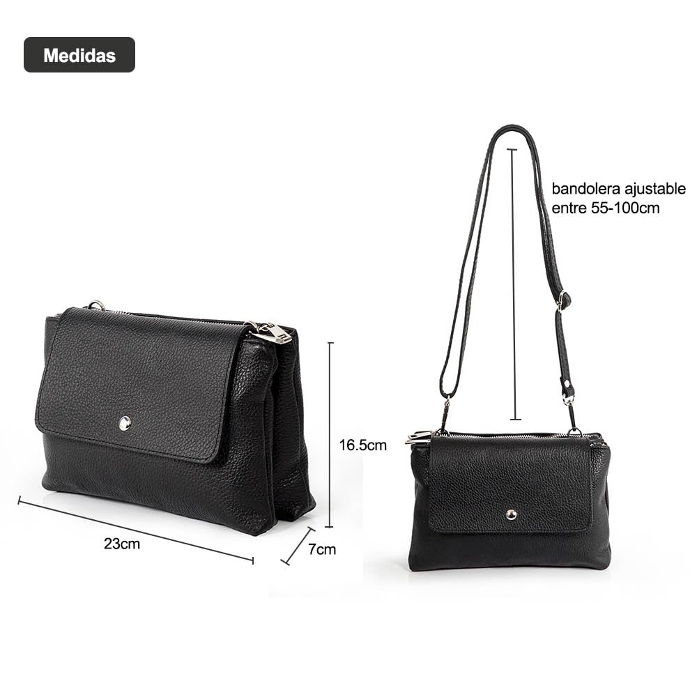 1990s Bolso bandolera mujer de piel pequeño bolso mensajero de cuero auténtico dos compartimentos con solapa, para trabajar o uso diario