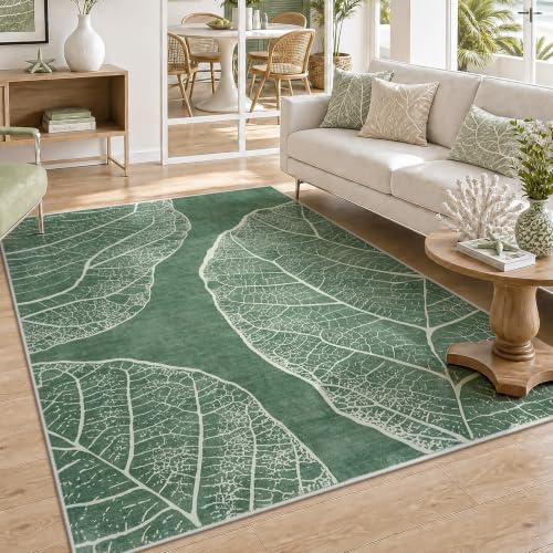 Tribesigns 5x7 Green Botanical Leaf Washable Rug for Living Room Bedroom