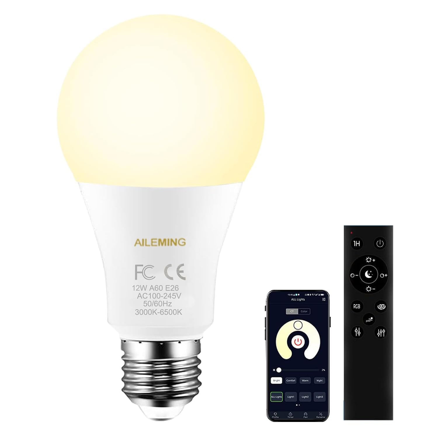 AILEMING LED Bulb with a 2.4GHz Remote Control, A19 12W Color Changing Smart Light Bulb for Lamp, Bedroom, Mood Soothing,1...