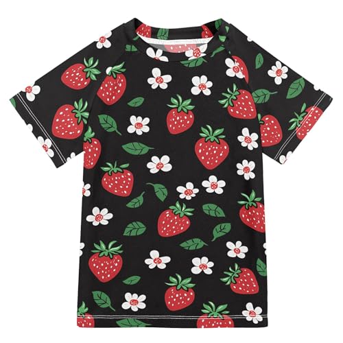 Fruit Strawberry Floral Girls Bathing Suit Short Sleeves Baseball Shirts Swimwear Beach Tops 3T