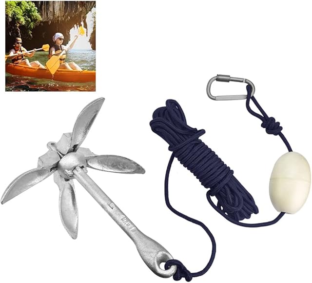 BUZIFU Kayak Anchor kit 3.3lb Folding Grapnel Anchor Kit Small Boat Anchor Carbon Steel Complete Kayaking Paddle Board Anchoring Kit with 39ft Marine Rope for Fishing Kayaks,Canoe,Jet Ski, PWC