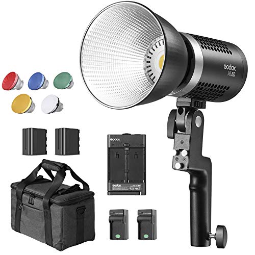 Godox ML60 60 W vermogen in je handen LED-videolicht (Godox-mount), CRI 96 +/TLCI 97 +, 8 FX-effecten, stille modus, 0% ~ 100% helderheidsinstelling, met 2X NP970 lithiumbatterij.