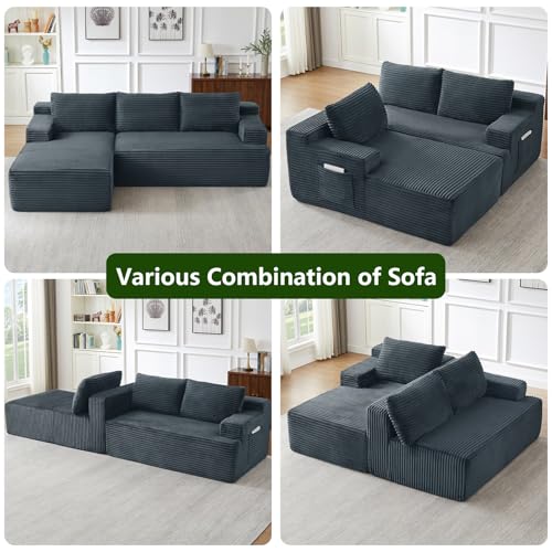 Image of 96 inch Modular Sectional Sofa, Modern Corduroy Cloud Couch, Boneless Couch Upholstered 3-Seater L-Shaped Sofa for Living Room, No Assembly Required (Dark Grey, Left-Facing Chaise)