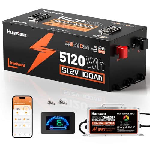 Image of HumsiENK 48V 100Ah Lithium Golf Cart Battery with 58.4V Charger, LiFePO4 200A BMS (410A Peak), Bluetooth & LCD, Metal Casing, Drop-in Replacement for EZGO, Club Car, Yamaha, Off-Grid Solar